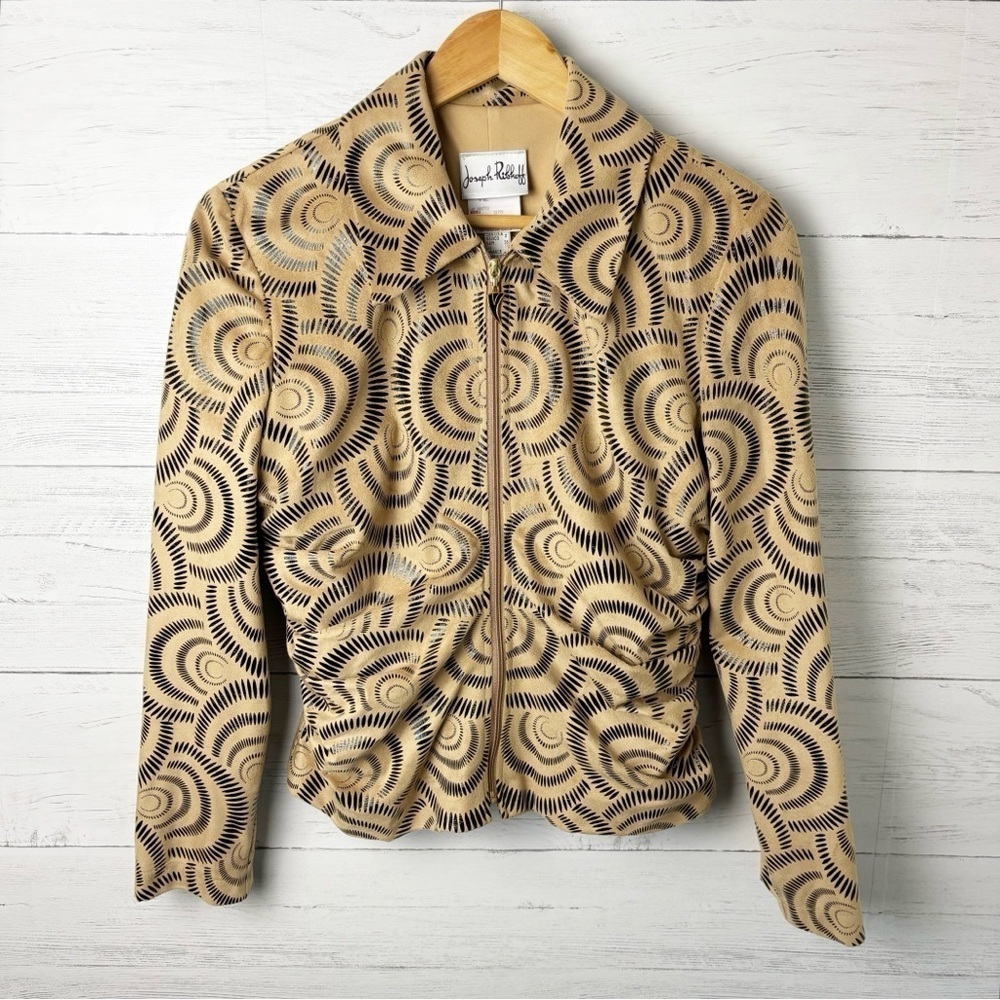 Joseph Ribkoff Faux Suede Ruched Zip Front Jacket Tan Black Lined 8